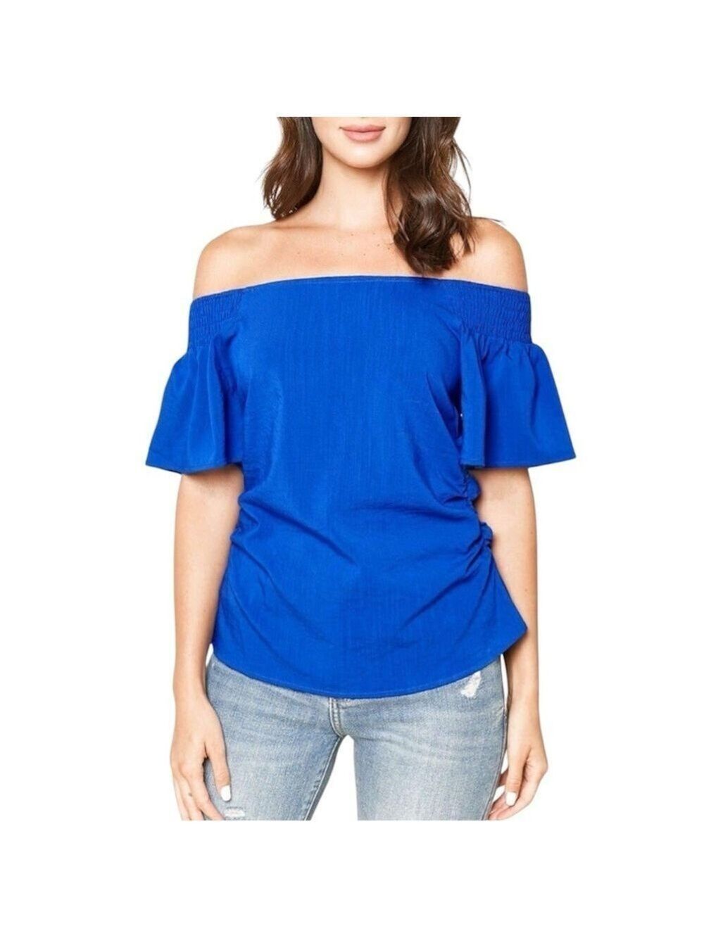 Sugar Lips Summer Sky Smocked Off The Shoulder Cobalt Ruffle Sleeve Top